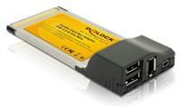 DeLOCK PCMCIA Adapter CardBus USB FW f�r zwei USB2.0 und FireWire Ports, (2x USB2.0 Typ A, 1x FireWire 6-polig, 1x FireWire 4-polig), am 32-Bit CardBus Typ II