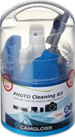 CAMGLOSS Foto-Cleaning-Kit zur Reinigung der Foto-/Video- ausrüstung, bestehend aus 50ml Reinigungsflüssigkeit, antistatisches Mikrofasertuch, Reinigungstuch Duo (feucht/trocken), Tornado-Blasebalg mit Bürstenaufsatz, 2 Reinigungsstäbchen