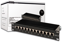 Digitus Cat6 Patch Panel 12-Port geschirmt, RJ45 Buchsen, farbcodiert, Kabelinstallation über LSA Leisten, Fixiermöglichkeit für Kabelbinder, zentraler Masseanschluss, 1HE